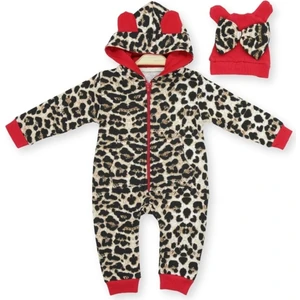 Fittili Leopar Desenli Şapkalı Tulum - Kırmızı - 6 - 9 Ay Kırmızı
