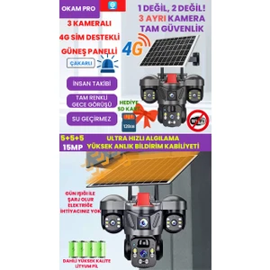 15MP 3 Kameralı Sim Kartlı Kamera, Solar Panelli Kamera,insan Algılama, Hareket Takibi, Sesli Alar, Çakarlı Kamera