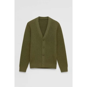 Nopenli Fitil Örgü Düğmeli Hırka - Haki