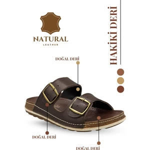 Hakiki Deri Erkek Terlik Çift Cırt Bantlı Ortopedik Rahat Taban Günlük Terlik Tm Kahve
