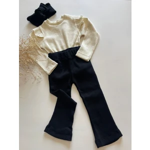Özge Başaran Kız Çocuk 3'lü Set.  Krem Uzun Kollu Badi + Siyah Tayt + Saç Bandı
