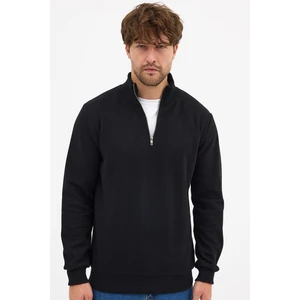 Erkek Siyah Standart Fit Normal Kesim Pamuklu Yarım Fermuarlı Dik Yaka Pamuklu Sweatshirt