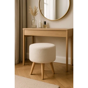 Modern Dekoratif Ahşap Masif Ayaklı Beyaz Teddy Puf Bench Tabure Koltuk