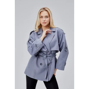 Oversize Gri Rüzgarlık Detaylı Beli Kuşaklı Trençkot