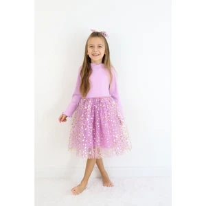 Lila  Yıldız Baskılı Tül Etekli Kız Çocuk Elbise - Karen
