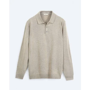 Bej Polo Yaka Düz Örgü Triko Kazak