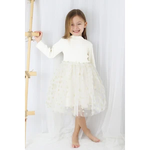 Ekru  Yıldız Baskılı Tül Etekli Kız Çocuk Elbise - Karen