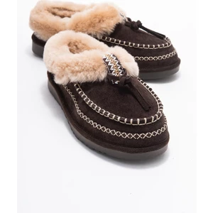 Norıel Kahverengi Süet Hakiki Deri Dikişli Kürklü Kadın Makosen Terlik