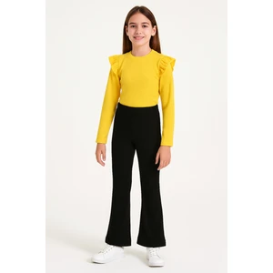 Özge Başaran Kız Çocuk 3’lü Takım Sarı Badi, Siyah Ispanyol Tayt ve Bandana – Günlük Şık Kombin