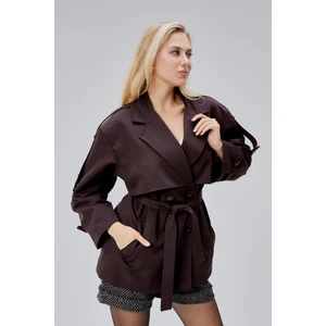 Oversize Acı Kahve Rüzgarlık Detaylı Beli Kuşaklı Trençkot