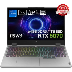 Loq 15IRX10 Intel Core I7-13650HX 64GB Ddr5 1tb SSD RTX5070 8gb 115W 15.6 Inç Full Hd 144Hz IPS Freedos Gaming Laptop (83JE00EWTRV6)