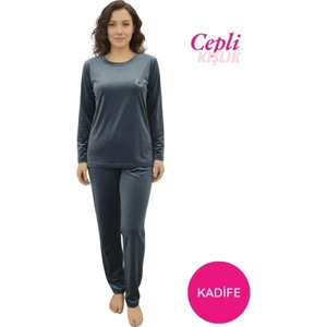 Kadın Mavi Bisiklet Yaka Nakış Ipeksi Fransız Kadife Cepli Kışlık Pijama Takımı