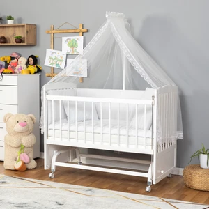 Ahşap Beşik Anne Yanı Beşik Sallanır Beşik Beyaz 60X120 Beyaz Güpür Uyku Seti Yatak Tekerlekli