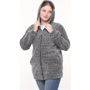 Bnz Tekstil Kapüşonlu Welsoft Peluş Gri Hırka - Cepli Kapüşonlu Fermuarlı Kışlık Peluş Gri Hırka Ceket