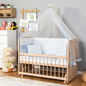 Ahşap Beşik Anne Yanı Beşik Organik(Boyasız) 60X120-MAVI Yıldız Tek Yastık Uyku Seti + Yatak