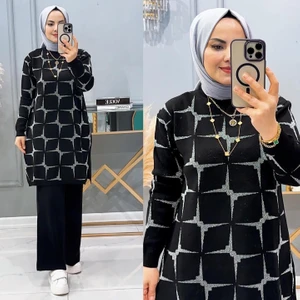 Kaya Butik Takım Yıldız Desenli Simli Triko Pantolonlu Tunik