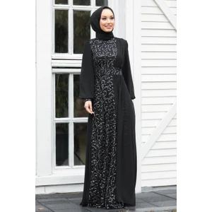 Neva Style  Tesettür Abiye Elbise - Pul Payetli Gümüş Tesettür Abiye Elbise 5408GMS