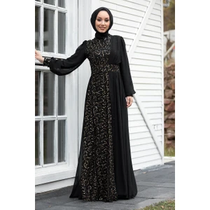 Neva Style  Tesettür Abiye Elbise - Pul Payetli Gold Tesettür Abiye Elbise 5408GOLD