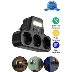 Akım Korumalı Priz 2 USB + 2 Type-C Girişli 2 Metre Kablosu Anahtarlı ve Duvara Monte Edilebilir