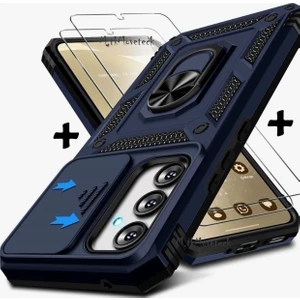 M.TK Moveteck Samsung Galaxy S25 Fe Kılıf Kamera Korumalı Sürgülü Yüzüklü Armor Zırh Tank Kapak + 1 Adet 9h Ekran Koruyucu Cam Set