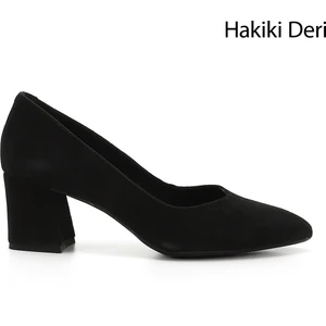 Kadın Siyah Deri Sivri Burun Orta Kalın Topuklu Hakiki Deri Ayakkabı