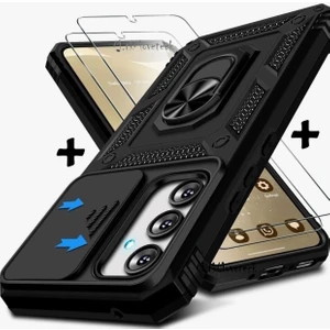 M.TK Moveteck Samsung Galaxy S25 Fe Kılıf Kamera Korumalı Sürgülü Yüzüklü Armor Zırh Tank Kapak + 1 Adet 9h Ekran Koruyucu Cam Set