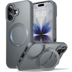 M.TK Moveteck Apple iPhone 17 Kılıf Magsafe Halkalı 360 Dönebilen Yüzüklü Standlı Armour Mat Mıknatıslı Kapak