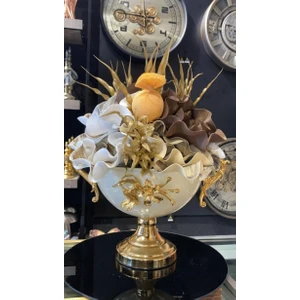 Madam Concept Gold Detaylı Seramik Vazo Içinde Yapay Çiçek Aranjmanı | Lüks Ev Dekorasyon Ürünü Büyük Boy