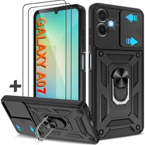 M.TK Moveteck Samsung Galaxy A07 Kılıf Kamera Korumalı Sürgülü Yüzüklü Armor Military Zırh Tank Kapak + 1 Adet 9h Ekran Koruyucu Cam Set
