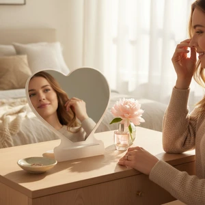 Next Craft Makyaj Aynası, Masa Aynası, Dekoratif Ayna, Taşınabilir, De-Monte, KALP Şeffaf Beyaz Pleksi Tasarım,