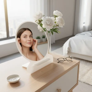 Next Craft Makyaj Aynası, Masa Aynası, Dekoratif Ayna, Taşınabilir, De-Monte, YUVARLAK Şeffaf Beyaz Pleksi Tasarım,