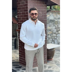 Erkek Beyaz Polo Yakalı Pamuklu Yumuşak Kalın Kumaşlı Oversize Sweatshirt