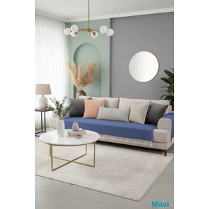 Mavi Pamuklu Koltuk Örtüsü 115X200 Önden Saçaklı Çizgili Desenli