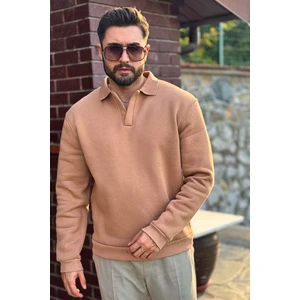 Erkek Kahverengi Polo Yakalı Pamuklu Yumuşak Kalın Kumaşlı Oversize Sweatshirt