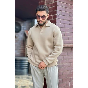 Erkek Bej Polo Yakalı Pamuklu Yumuşak Kalın Kumaşlı Oversize Sweatshirt