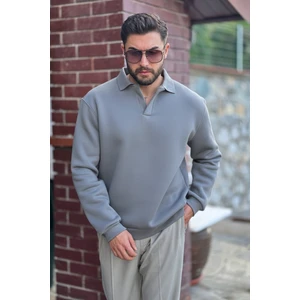 Erkek Gri Polo Yakalı Pamuklu Yumuşak Kalın Kumaşlı Oversize Sweatshirt
