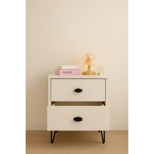 RoVa Dekor Rova 2 Çekmeceli Komodin Parlak Beyaz  – Siyah Metal Ayak ve Kulp Detaylı Modern Işlevsel Yatak Odası - Çocuk Odası -Başucu - Yan