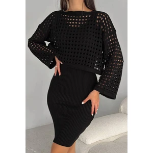 Ajurlu Kazak Düz Elbise Ikili Triko Takım