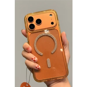 iPhone 17 Pro Max Uyumlu Simli Transparan Turuncu Saydam Arkası Sert Darbe Korumalı Magsafe Kılıf