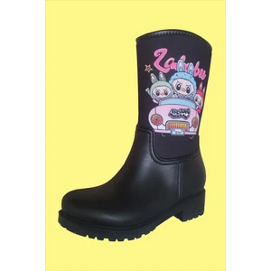 Sea & Blue Shoes Labubu Arabada Baskılı Su Geçirmeyen Siyah Kız Çocuk Yağmur Çizmesi