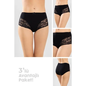 Kadın Yüksek Bel Yanları Güpürlü Külot 3'lü Set 8924 Siyah