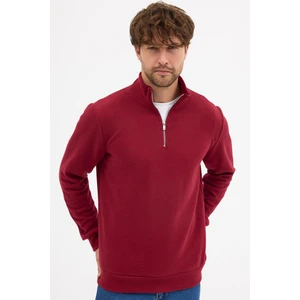 Erkek Bordo Standart Fit Normal Kesim Pamuklu Yarım Fermuarlı Dik Yaka Pamuklu Sweatshirt