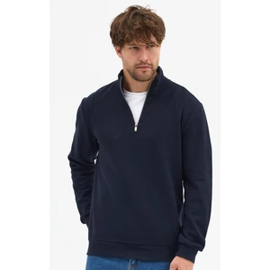 Erkek Lacivert Standart Fit Normal Kesim Pamuklu Yarım Fermuarlı Dik Yaka Pamuklu Sweatshirt