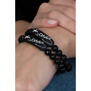 Takı Dükkanı 2 Adet Mat ve Parlak K. Atatürk İmzalı Siyah Boncuk Taşlı Unisex Bileklik Çifti bbb21