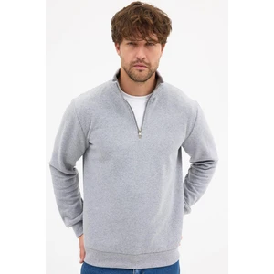Erkek Gri Standart Fit Normal Kesim Pamuklu Yarım Fermuarlı Dik Yaka Pamuklu Sweatshirt