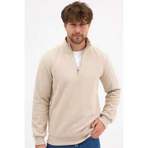 Erkek Bej Standart Fit Normal Kesim Pamuklu Yarım Fermuarlı Dik Yaka Pamuklu Sweatshirt