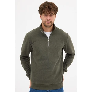 Erkek Haki Standart Fit Normal Kesim Pamuklu Yarım Fermuarlı Dik Yaka Pamuklu Sweatshirt