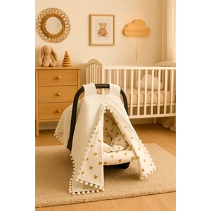 Çift Katlı Ekru Pike ve Mickey Desenli Çift Yönlü Puset Örtüsü, Minderi ve Çarşafı (3lü Set)