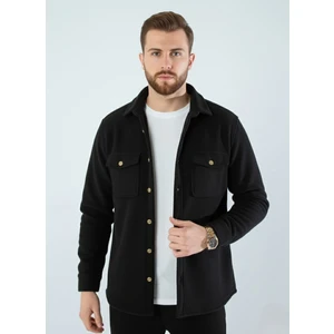 Erkek Slim Fit Düğmeli Yaka Çift Cepli Düz Siyah Polar Erkek Gömlek