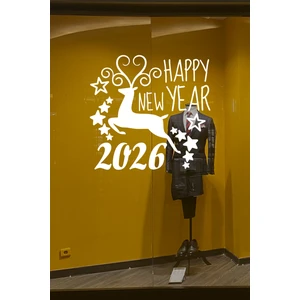 Geyik ve Happy New Year 2026 Yılbaşı Süslemeleri Yeni Yıl Vitrin Cam Sticker